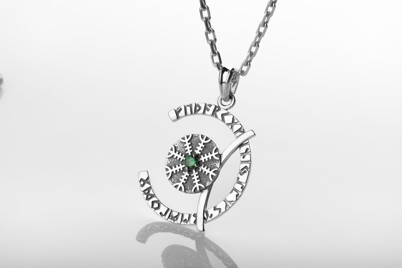 Sterling Silver Rune Crescent Pendant with Green Cubic Zirconia Aegishjalmur Center - VarVar Jewelry