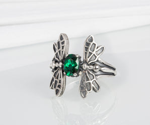 Unique 925 Silver Dragonfly Ring With Green Gem, Handcrafted Jewelry