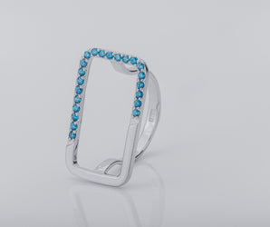 Simple Rectangular Ring with Blue Gems, Rhodium Plated 925 Silver