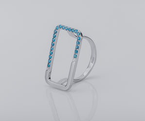 Simple Rectangular Ring with Blue Gems, Rhodium Plated 925 Silver