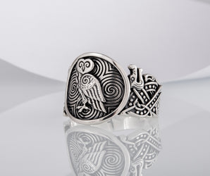 Owl Symbol with Wolf Ornament Ring Sterling Silver Unique Jewelry