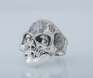 Skull Ring with Ornament Bronze Unique Biker Jewelry