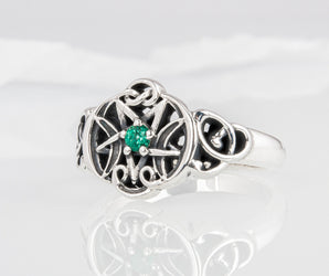 Wicca Symbol Ring with Green Cubic Zirconia Sterling Silver Jewelry