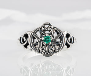 Wicca Symbol Ring with Green Cubic Zirconia Sterling Silver Jewelry