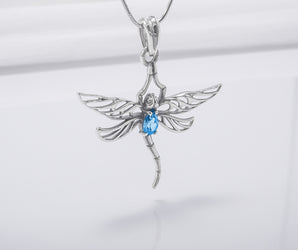 Minimalistic 925 Silver Dragonfly Pendant With Blue Gem, Handcrafted Jewelry