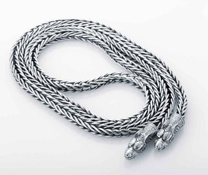 Sterling Silver Wheat Chain with Wolf Head Tips, Handmade Norse Jewelry