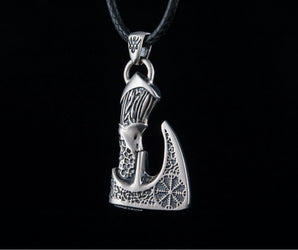 Viking Axe Pendant with Helm of Awe Symbol and Norse Ornament Sterling Silver Viking Jewelry