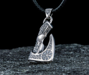 Viking Axe Pendant with Helm of Awe Symbol and Norse Ornament Sterling Silver Viking Jewelry