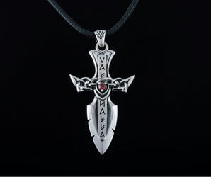 Norse Sword with Runes and Cubic Zirconia Pendant Sterling Silver Viking Jewelry
