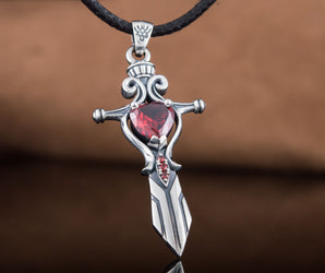 Norse Sword with Red Cubic Zirconia Pendant Sterling Silver Handmade Jewelry
