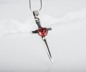 Stiletto Sword Pendant with Red Cubic Zirconia Sterling Silver Handmade Jewelry