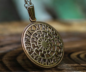 Black Sun Symbol with Runic Calendar Bronze Pendant