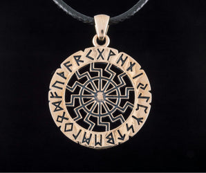 Black Sun Symbol with Elder Futhark Runes Bronze Pendant