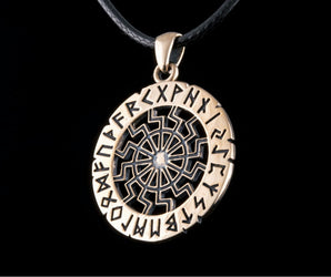 Black Sun Symbol with Elder Futhark Runes Bronze Pendant