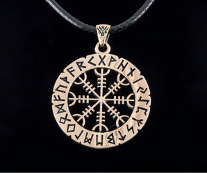 Helm of Awe Symbol with Elder Futhark Runes Bronze Pendant