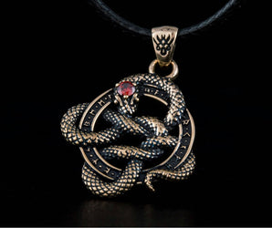 Snake Pendant with Runes and Red Cubic Zirconia Bronze Norse Jewelry
