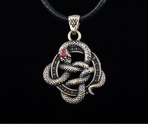 Snake Pendant with Runes and Red Cubic Zirconia Bronze Norse Jewelry