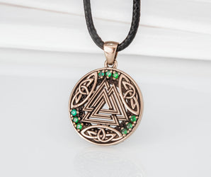 Norse Pendant with Valknut Symbol and Cubic Zirconia Bronze Handmade Jewelry