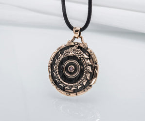Shield with Ouroboros Symbol Pendant and Gem Bronze Norse Jewelry