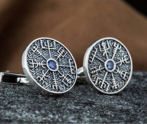 Unique Cufflinks with Vegvisir Symbol Sterling Silver Handmade Jewelry