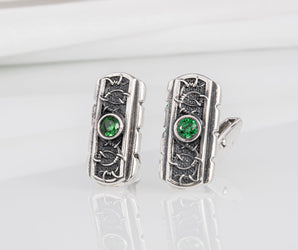 Unique handcrafted cufflinks with ornament and green gem, 925 silver fashion jewelry