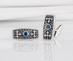 Handcrafted cufflinks with blue gem and unique ornament, sterling silver jewelry