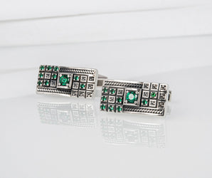 Unique handcrafted cufflinks with green gems and square ornament 925 silver fashion jewelry
