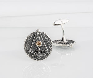 Unique Masonic handcrafted cufflinks with gem and symbols, sterling silver jewelry