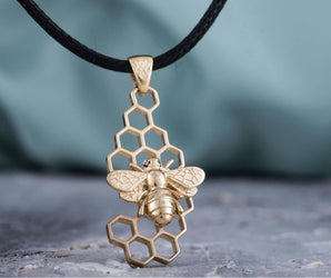 14K Gold Unique Pendant with Bee Symbol Handcrafted Jewelry