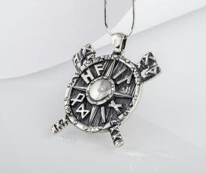 Small Viking Shield with Axes and Runes Sterling Silver Norse Pendant