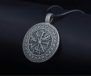 Vegvisir Symbol with Viking Ornament Pendant Sterling Silver Pagan Jewelry