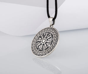Helm of Awe Symbol with Viking Ornament Pendant Sterling Silver Pagan Jewelry
