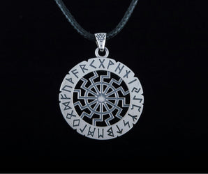 Black Sun Symbol with Elder Futhark Runes Sterling Silver Pendant