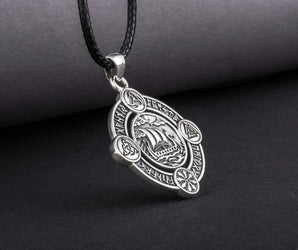 Drakkar Pendant with Norse Symbols Sterling Silver Viking Jewelry