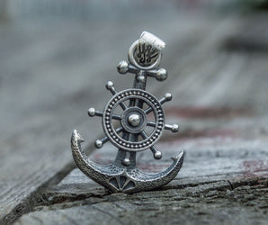 Anchor Symbol with Ship Steering Wheel Pendant Sterling Silver Handmade Jewelry