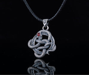 Snake Pendant with Runes and Red Cubic Zirconia Sterling Silver Norse Jewelry