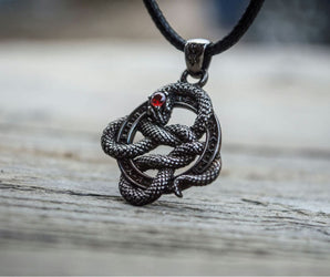 Snake Pendant with Runes and Red Cubic Zirconia Sterling Silver Ruthenium Plated Norse Jewelry