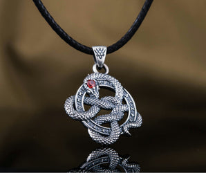 Snake Pendant with Runes and Red Cubic Zirconia Sterling Silver Norse Jewelry