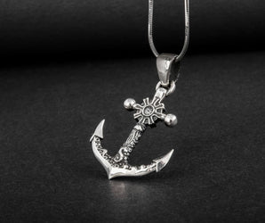 Small Anchor Symbol with Ship Steering Wheel Pendant Sterling Silver Norse Jewelry