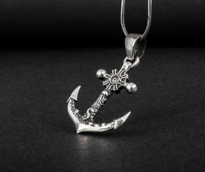 Small Anchor Symbol with Ship Steering Wheel Pendant Sterling Silver Norse Jewelry