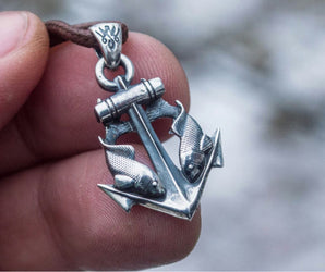 Anchor with Fish Pendant Sterling Silver Unique Handmade Jewelry