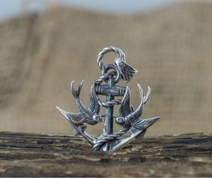 Anchor with Birds Pendant Sterling Silver Unique Handmade Jewelry