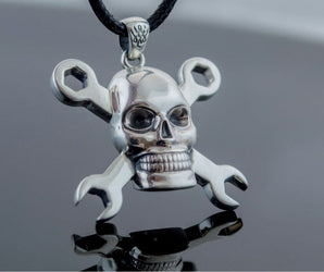 Skull with Wrench Pendant Sterling Silver Biker Jewelry