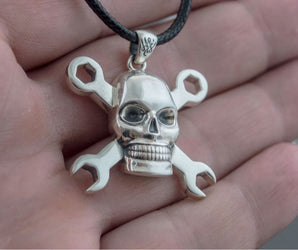 Skull with Wrench Pendant Sterling Silver Biker Jewelry
