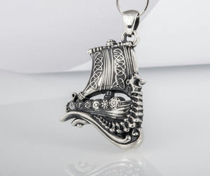 Drakkar Pendant with Viking Symbols Sterling Silver Jewelry