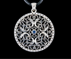 Flower Ornament Pendant with Cubic Zirconia Sterling Silver Jewelry