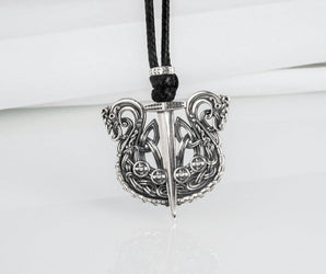 Unique Viking Drakkar with sword pendant, handmade sterling silver jewelry