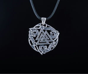 Valknut Symbol Pendant with Ornament Sterling Silver Norse Jewelry