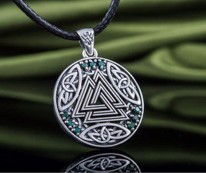 Norse Pendant with Valknut Symbol and Cubic Zirconia Sterling Silver Handmade Jewelry