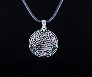 Norse Pendant with Valknut Symbol and Cubic Zirconia Sterling Silver Handmade Jewelry